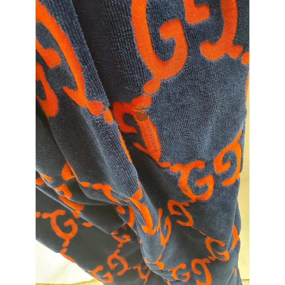Gucci GG Velour Jogger Pants Size L Navy Orange Monogram Waffle Knit Sweatpants